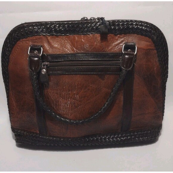 Vintage Faux Leather Brown Distressed And Patchwork Braided Handbag - Picture 2 of 8